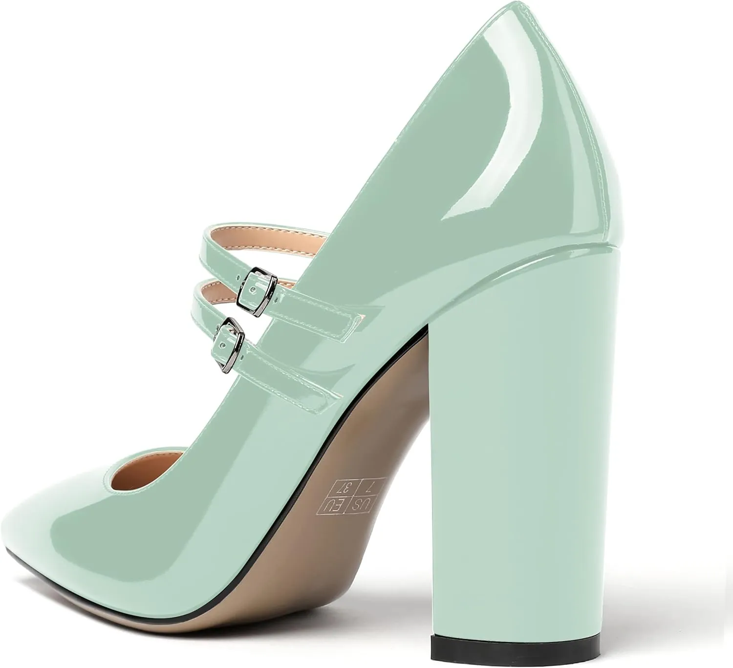 MERRORI Women's Solid Adjustable Strap Dress Dating Buckle Patent Pointed Toe Block High Heel Pumps Shoes 4 Inch