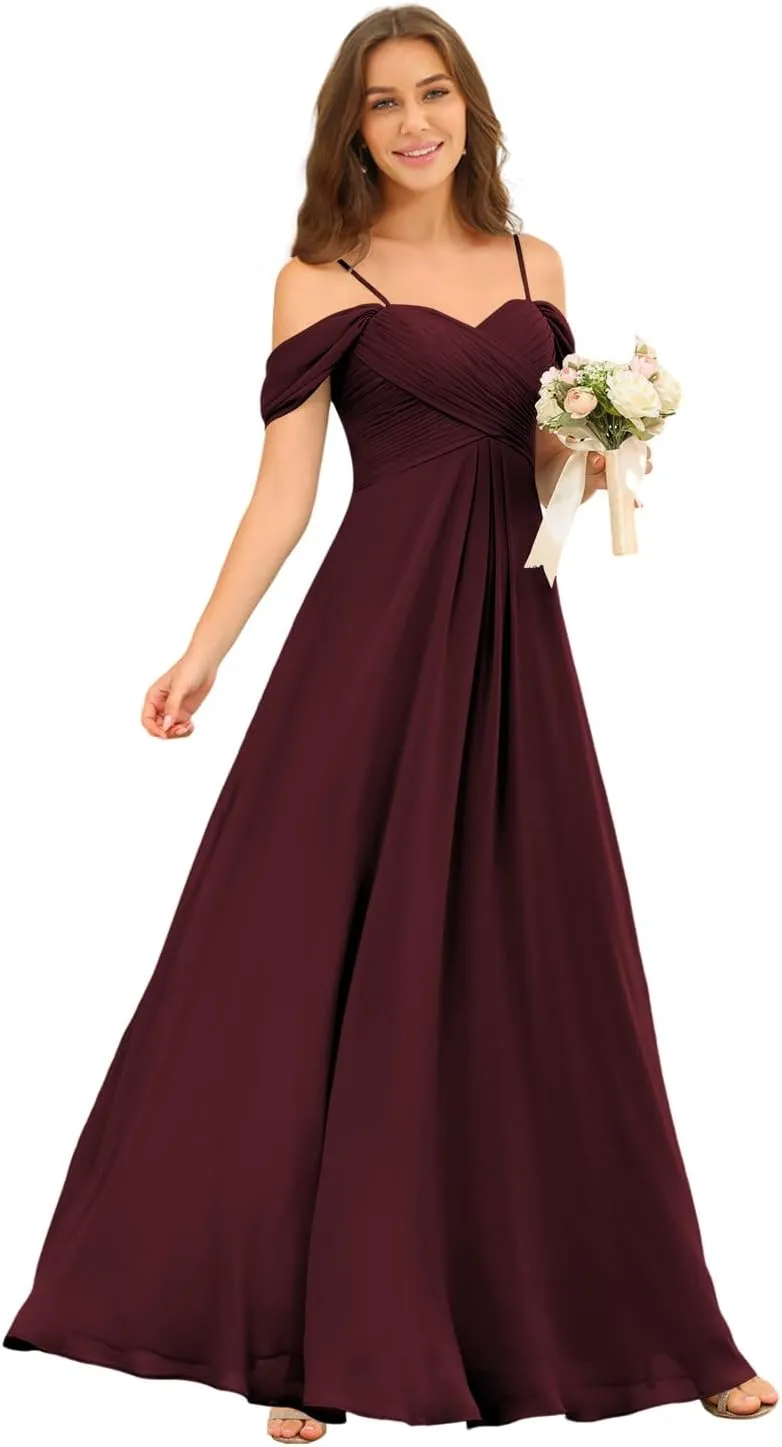 Miao Duo Off Shoulder Long Bridesmaid Dresses 2025 with Pockets A Line Chiffon Formal Dress for Women Wedding MD1201