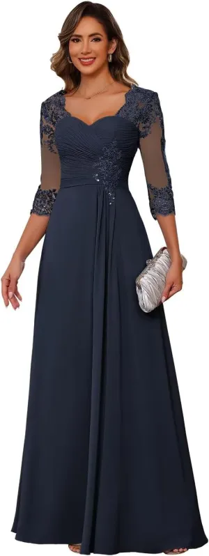 Miao Duo Women's Lace Appliqued Mother of The Bride Dresses 3/4 Sleeves Scoop Long Formal Evening Dress MDPM107