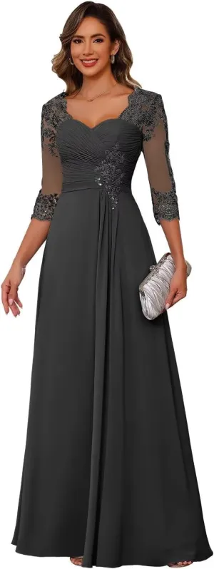 Miao Duo Women's Lace Appliqued Mother of The Bride Dresses 3/4 Sleeves Scoop Long Formal Evening Dress MDPM107