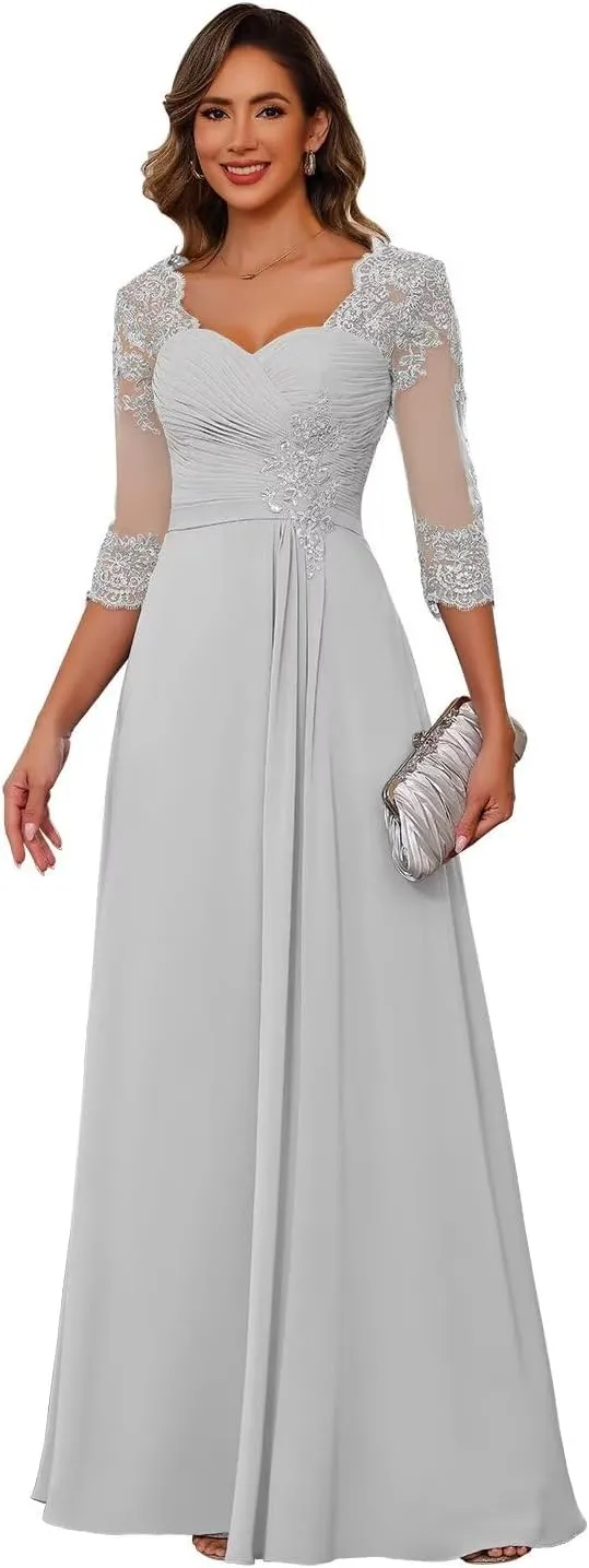 Miao Duo Women's Lace Appliqued Mother of The Bride Dresses 3/4 Sleeves Scoop Long Formal Evening Dress MDPM107