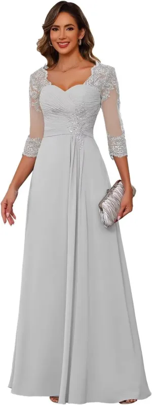 Miao Duo Women's Lace Appliqued Mother of The Bride Dresses 3/4 Sleeves Scoop Long Formal Evening Dress MDPM107
