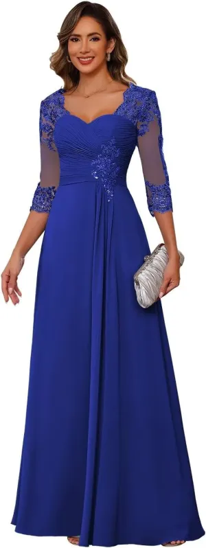 Miao Duo Women's Lace Appliqued Mother of The Bride Dresses 3/4 Sleeves Scoop Long Formal Evening Dress MDPM107