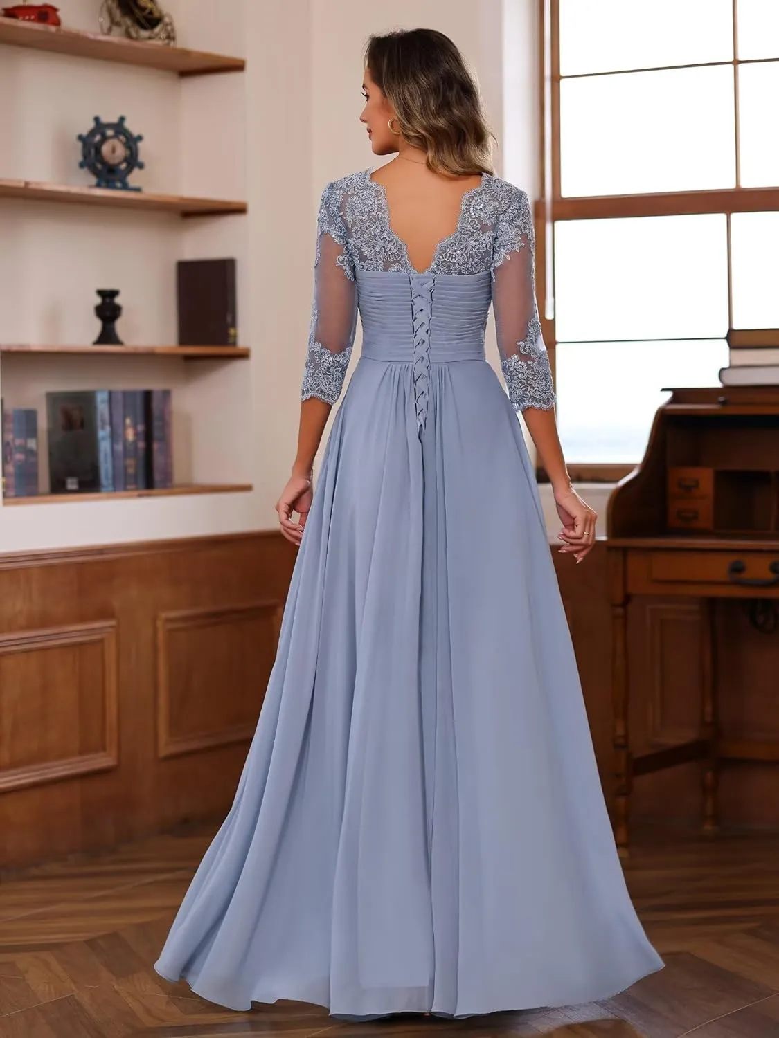Miao Duo Women's Lace Appliqued Mother of The Bride Dresses 3/4 Sleeves Scoop Long Formal Evening Dress MDPM107