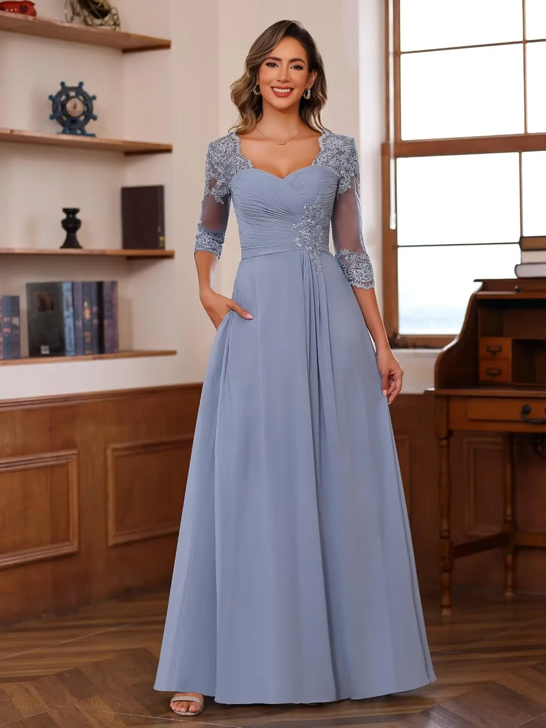 Miao Duo Women's Lace Appliqued Mother of The Bride Dresses 3/4 Sleeves Scoop Long Formal Evening Dress MDPM107