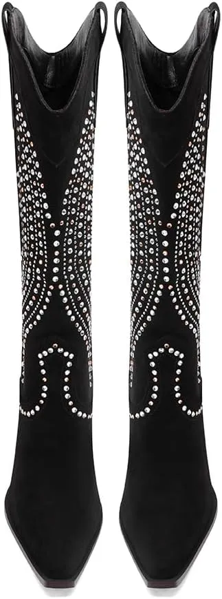 Mi.iM Women's Rhinestone Cowboy Boots Knee High Wide Calf Cowgirl Boots Western Pointed Toe Chunky Heel Sparkly Cowgirl Booties Pull On Cowboy Boots for Women