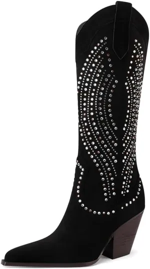 Mi.iM Women's Rhinestone Cowboy Boots Knee High Wide Calf Cowgirl Boots Western Pointed Toe Chunky Heel Sparkly Cowgirl Booties Pull On Cowboy Boots for Women