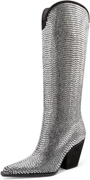 Mi.iM Women's Rhinestone Cowboy Boots Knee High Wide Calf Cowgirl Boots Western Pointed Toe Chunky Heel Sparkly Cowgirl Booties Pull On Cowboy Boots for Women