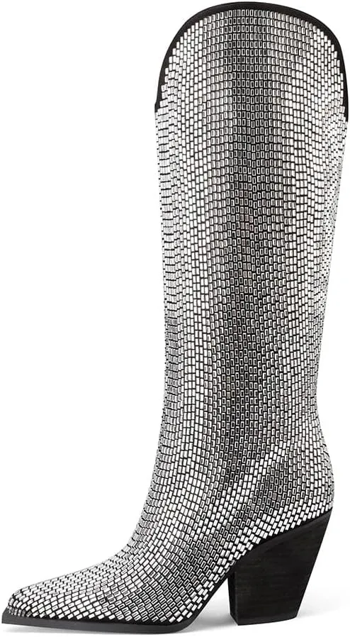 Mi.iM Women's Rhinestone Cowboy Boots Knee High Wide Calf Cowgirl Boots Western Pointed Toe Chunky Heel Sparkly Cowgirl Booties Pull On Cowboy Boots for Women