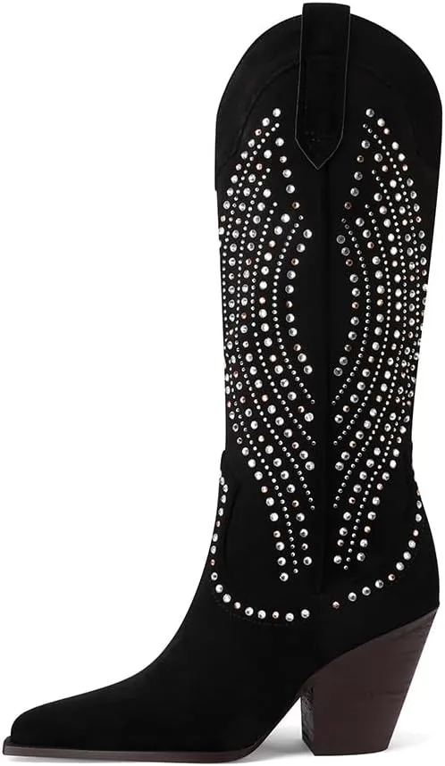 Mi.iM Women's Rhinestone Cowboy Boots Knee High Wide Calf Cowgirl Boots Western Pointed Toe Chunky Heel Sparkly Cowgirl Booties Pull On Cowboy Boots for Women