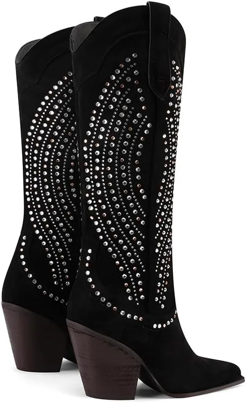 Mi.iM Women's Rhinestone Cowboy Boots Knee High Wide Calf Cowgirl Boots Western Pointed Toe Chunky Heel Sparkly Cowgirl Booties Pull On Cowboy Boots for Women