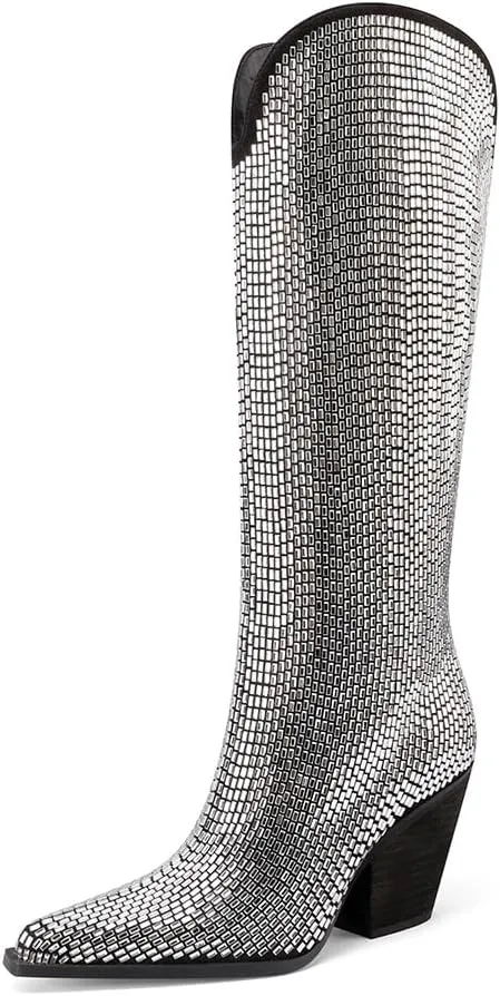 Mi.iM Women's Rhinestone Cowboy Boots Knee High Wide Calf Cowgirl Boots Western Pointed Toe Chunky Heel Sparkly Cowgirl Booties Pull On Cowboy Boots for Women