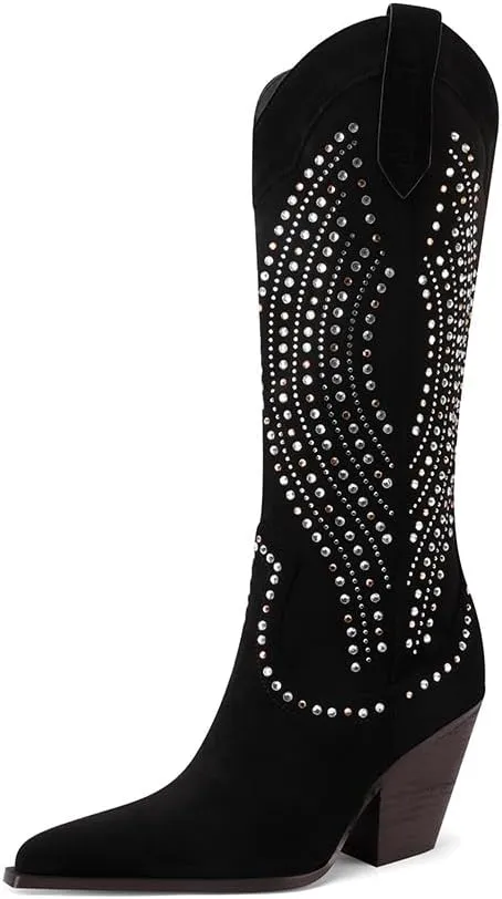 Mi.iM Women's Rhinestone Cowboy Boots Knee High Wide Calf Cowgirl Boots Western Pointed Toe Chunky Heel Sparkly Cowgirl Booties Pull On Cowboy Boots for Women
