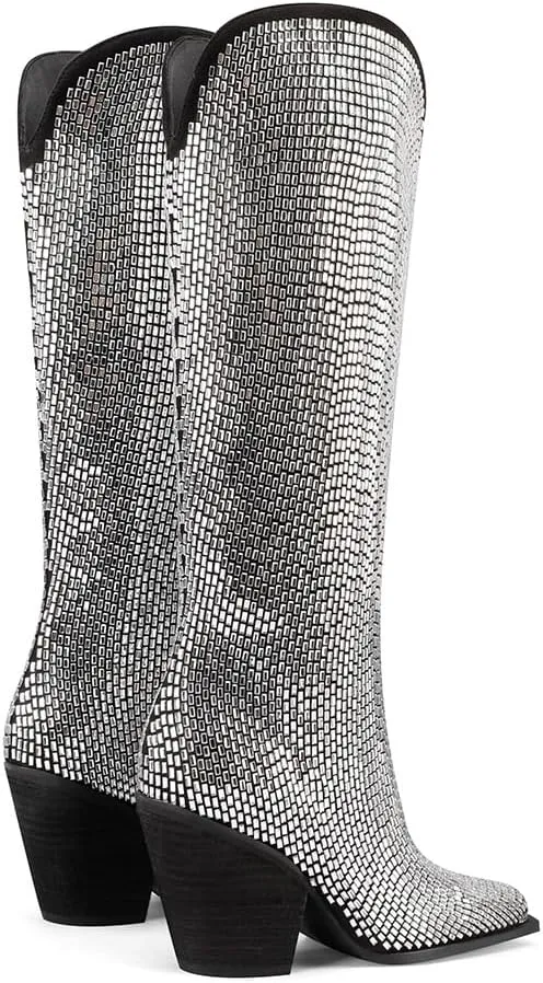 Mi.iM Women's Rhinestone Cowboy Boots Knee High Wide Calf Cowgirl Boots Western Pointed Toe Chunky Heel Sparkly Cowgirl Booties Pull On Cowboy Boots for Women