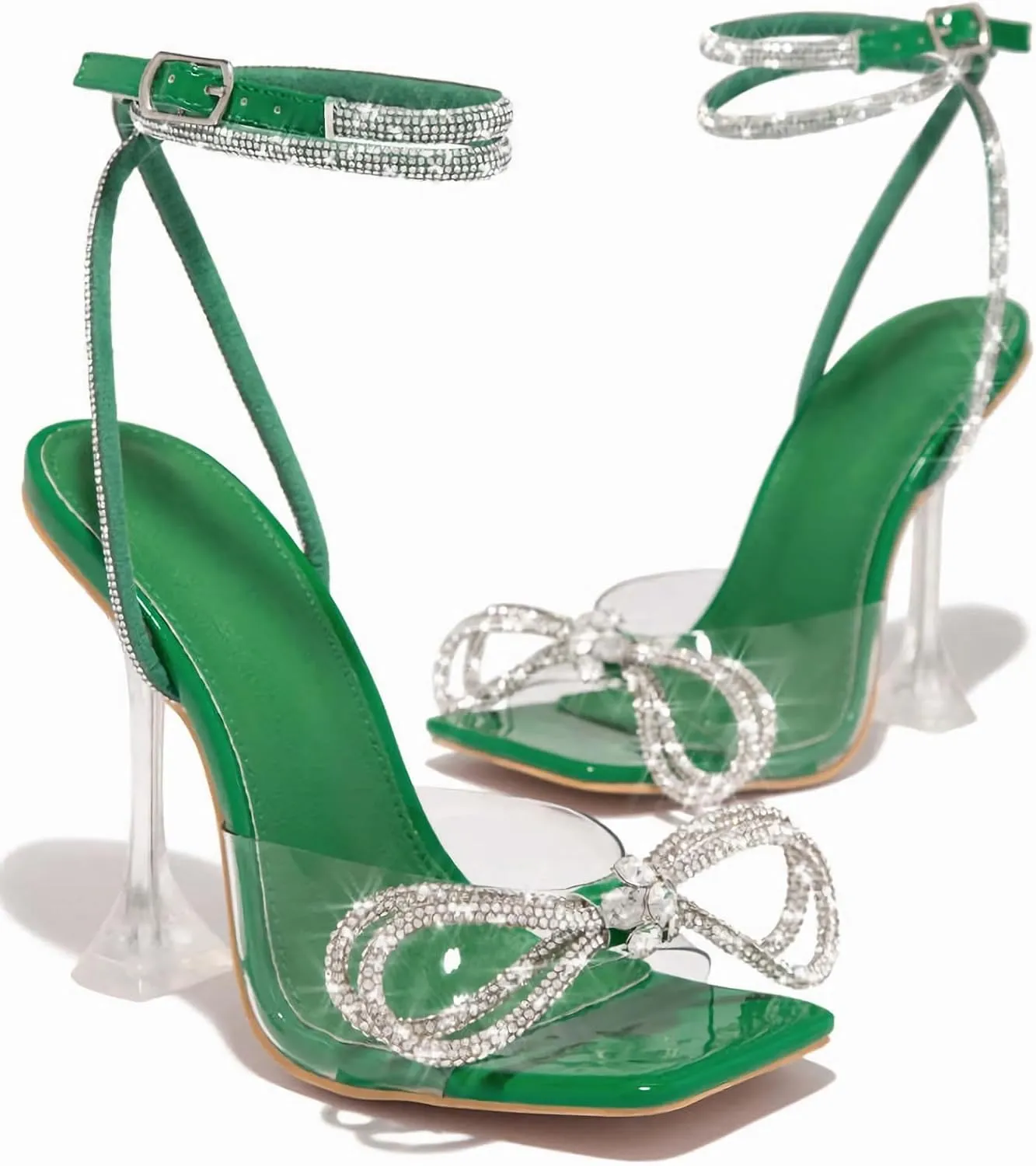 MissHeel Open Toe Bow Heels for Women Transparent Chunky Heel Ankle Strap with Rhinestone