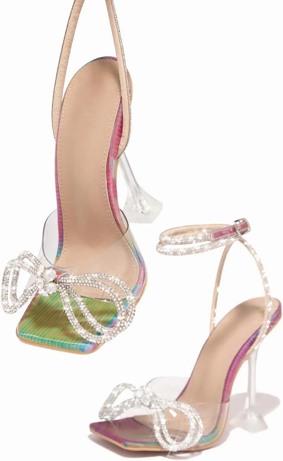 MissHeel Open Toe Bow Heels for Women Transparent Chunky Heel Ankle Strap with Rhinestone