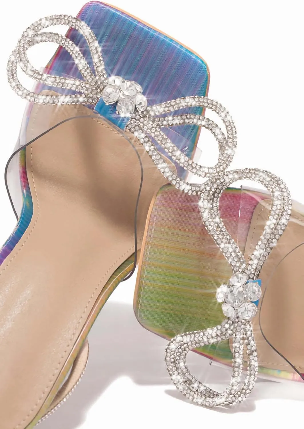 MissHeel Open Toe Bow Heels for Women Transparent Chunky Heel Ankle Strap with Rhinestone
