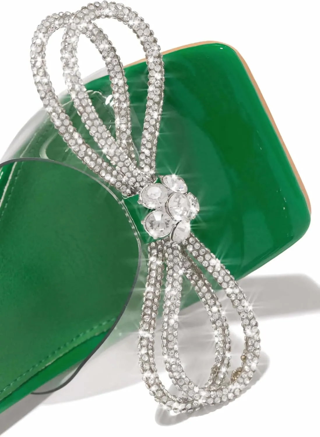 MissHeel Open Toe Bow Heels for Women Transparent Chunky Heel Ankle Strap with Rhinestone