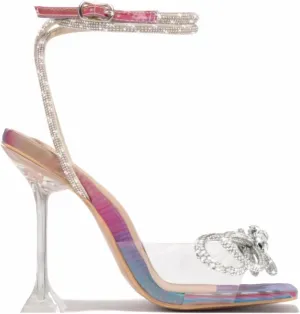 MissHeel Open Toe Bow Heels for Women Transparent Chunky Heel Ankle Strap with Rhinestone