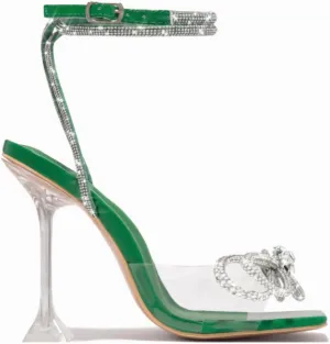 MissHeel Open Toe Bow Heels for Women Transparent Chunky Heel Ankle Strap with Rhinestone