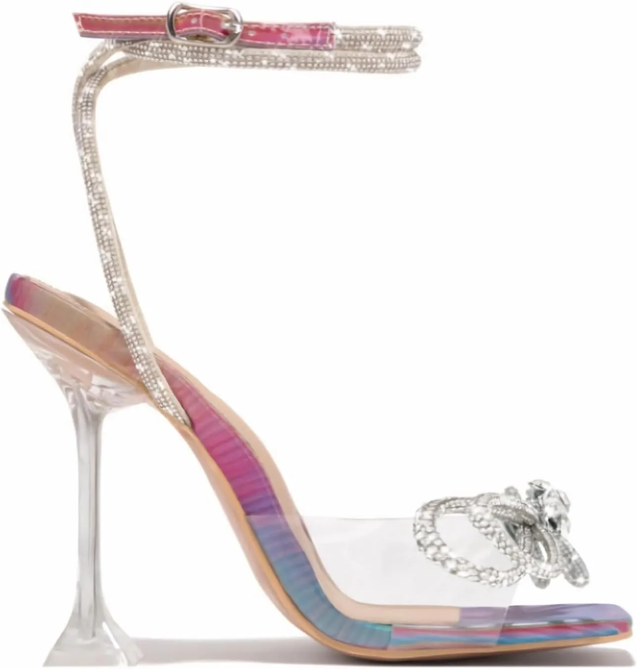 MissHeel Open Toe Bow Heels for Women Transparent Chunky Heel Ankle Strap with Rhinestone