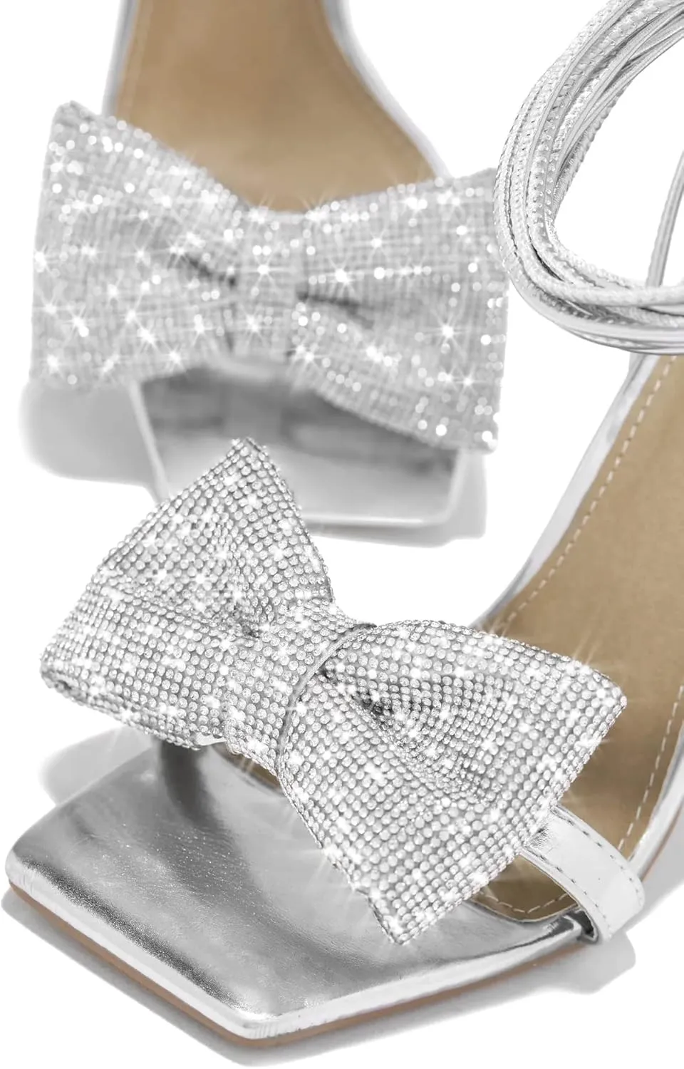 MissHeel Rhinestone Bow Lace Up Heel Stiletto in Silver/Gold