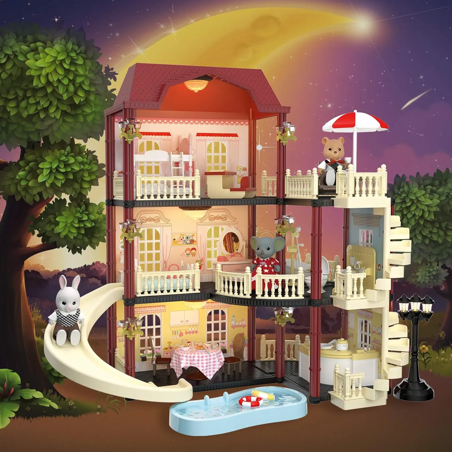MITCIEN Dollhouse Kit Playset Little Critters Bunny Dolls for Girls with Swimming Pool and Slideside Family Toys for Toddler 3 4 5 6-Year-Old Girl