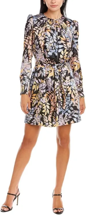 ML MONIQUE LHUILLIER Womens Black Satin Zippered Tie Lined Floral Long Sleeve Round Neck Short Party Shift Dress 16