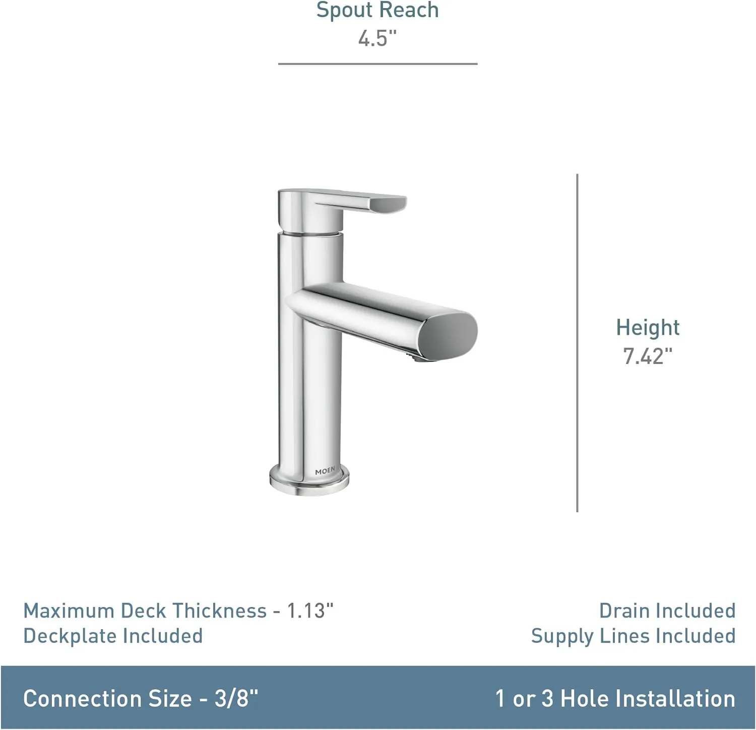 Moen Meena Matte Black One-Handle Single Hole Modern Bathroom Sink Faucet with Optional Deckplate and Drain Assembly, 84794BL