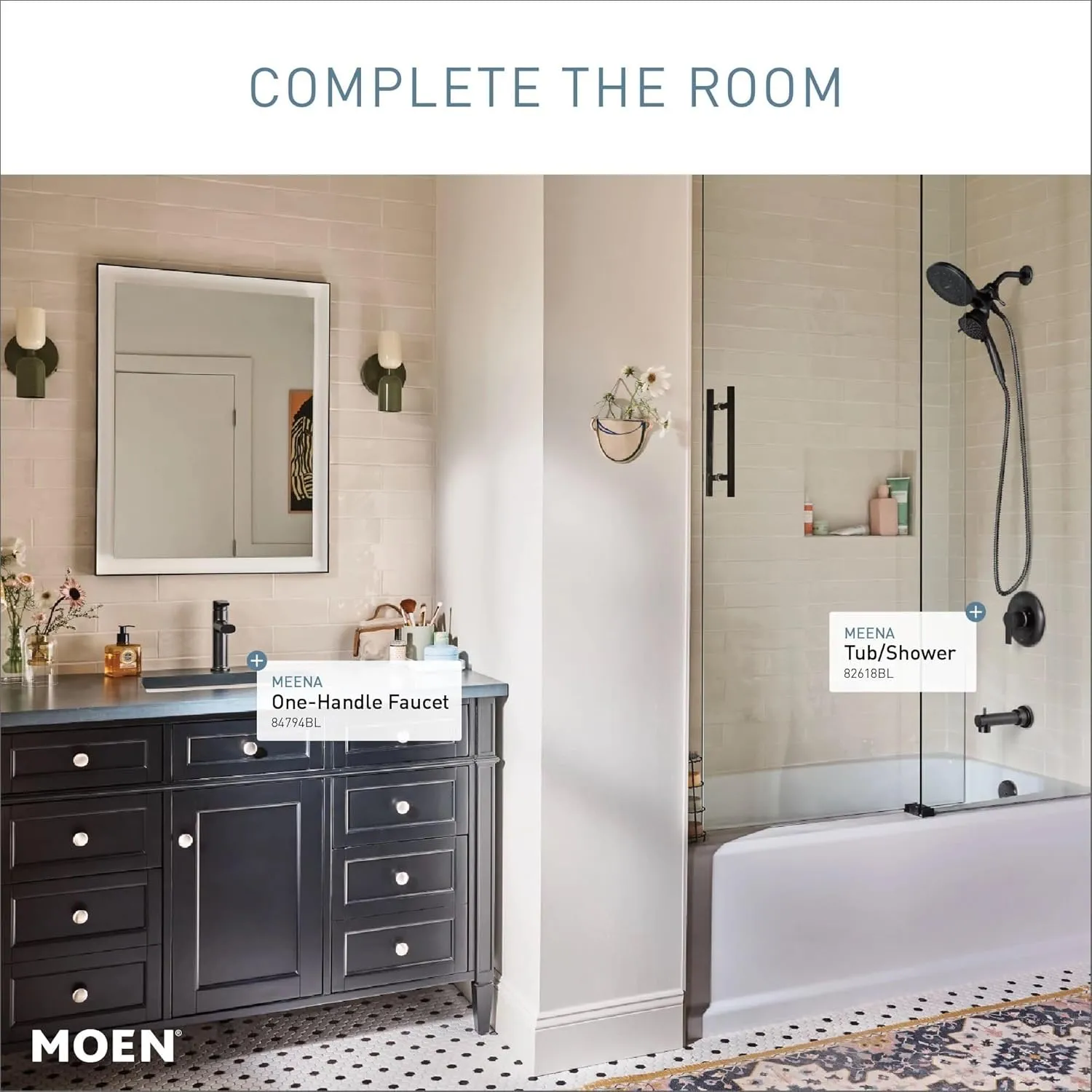 Moen Meena Matte Black Single Handle Modern Shower Faucet with Handshower and Tub Spout for Bathtub (Valve Included), 82618BL