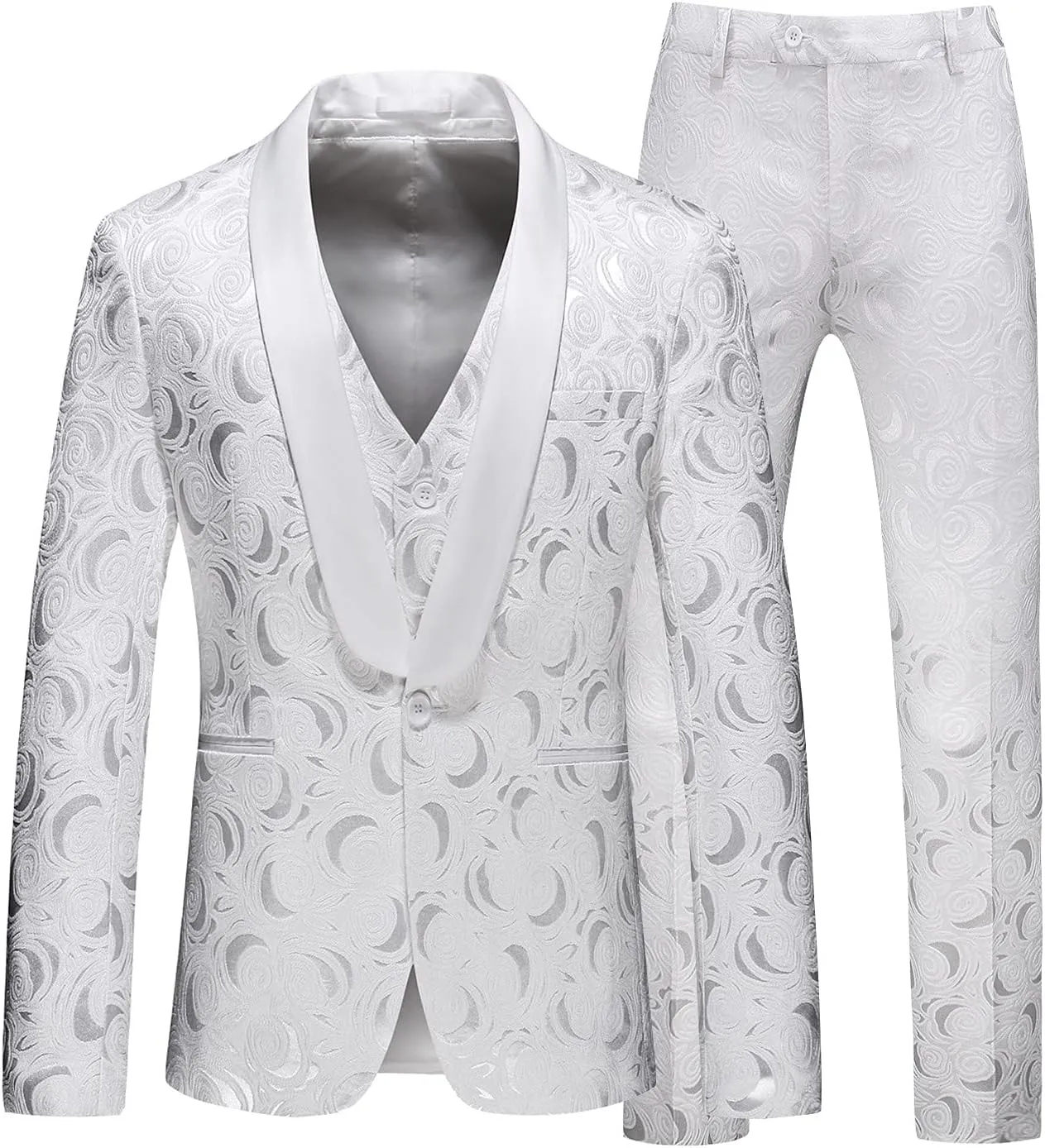 MOGU Men’s 3-Piece Slim Fit Suit Set Floral Tuxedo with Shawl Lapel One-Button Blazer Vest Elastic Waist Pants Party Outfit