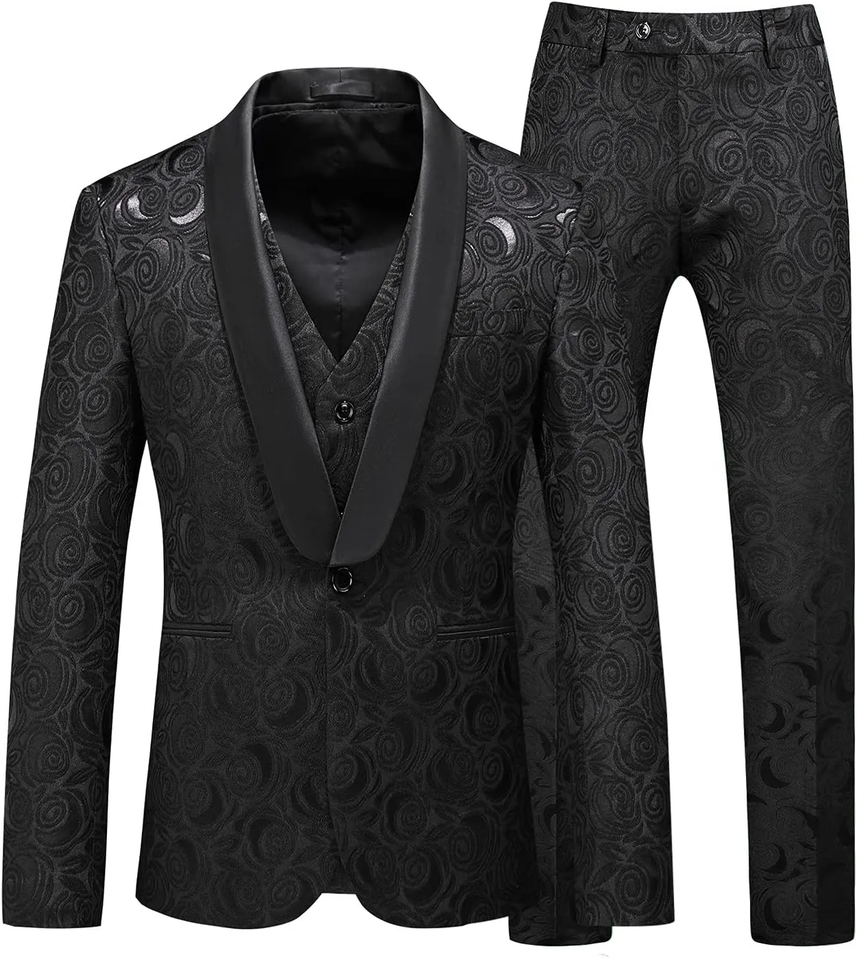 MOGU Men’s 3-Piece Slim Fit Suit Set Floral Tuxedo with Shawl Lapel One-Button Blazer Vest Elastic Waist Pants Party Outfit