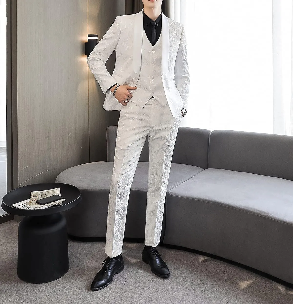 MOGU Men’s 3-Piece Slim Fit Suit Set Floral Tuxedo with Shawl Lapel One-Button Blazer Vest Elastic Waist Pants Party Outfit