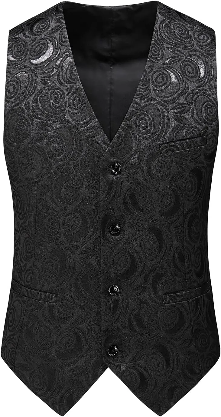MOGU Men’s 3-Piece Slim Fit Suit Set Floral Tuxedo with Shawl Lapel One-Button Blazer Vest Elastic Waist Pants Party Outfit