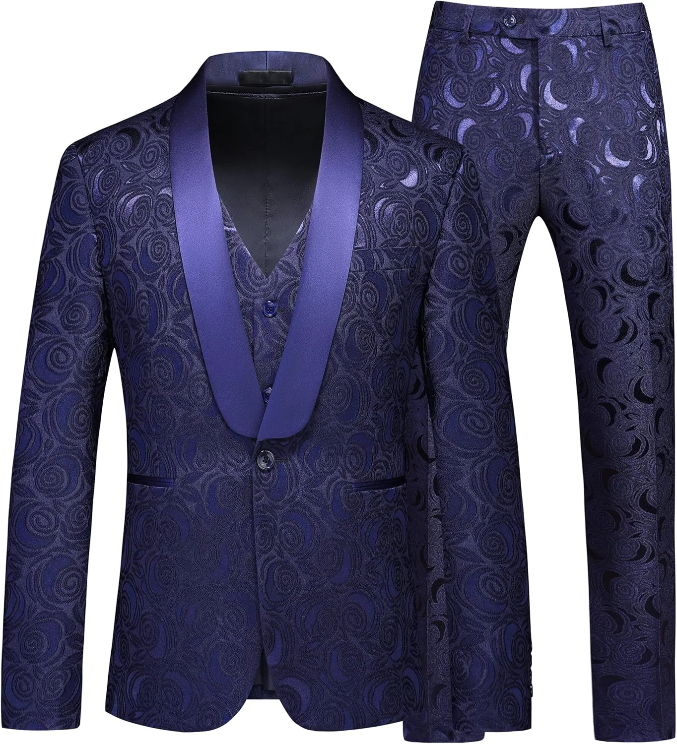 MOGU Men’s 3-Piece Slim Fit Suit Set Floral Tuxedo with Shawl Lapel One-Button Blazer Vest Elastic Waist Pants Party Outfit