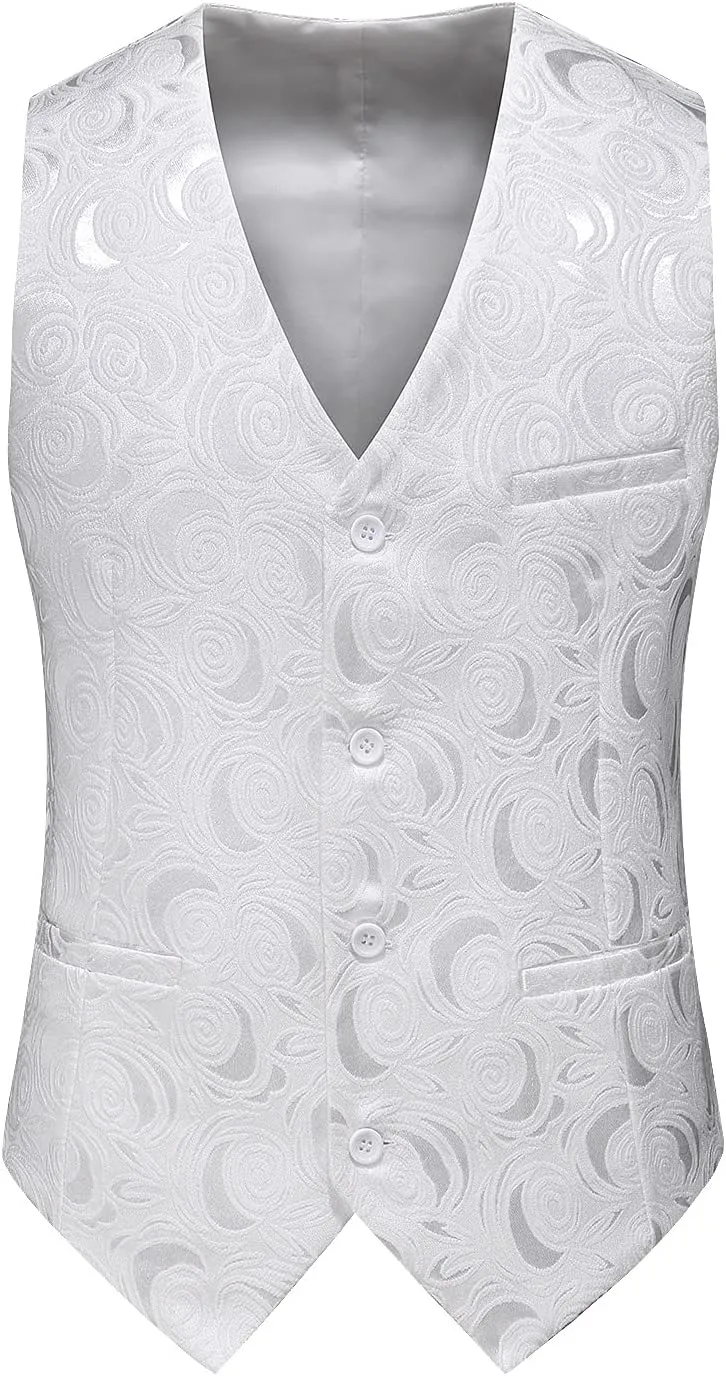 MOGU Men’s 3-Piece Slim Fit Suit Set Floral Tuxedo with Shawl Lapel One-Button Blazer Vest Elastic Waist Pants Party Outfit