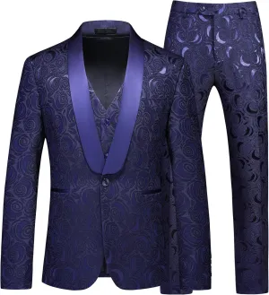 MOGU Men’s 3-Piece Slim Fit Suit Set Floral Tuxedo with Shawl Lapel One-Button Blazer Vest Elastic Waist Pants Party Outfit