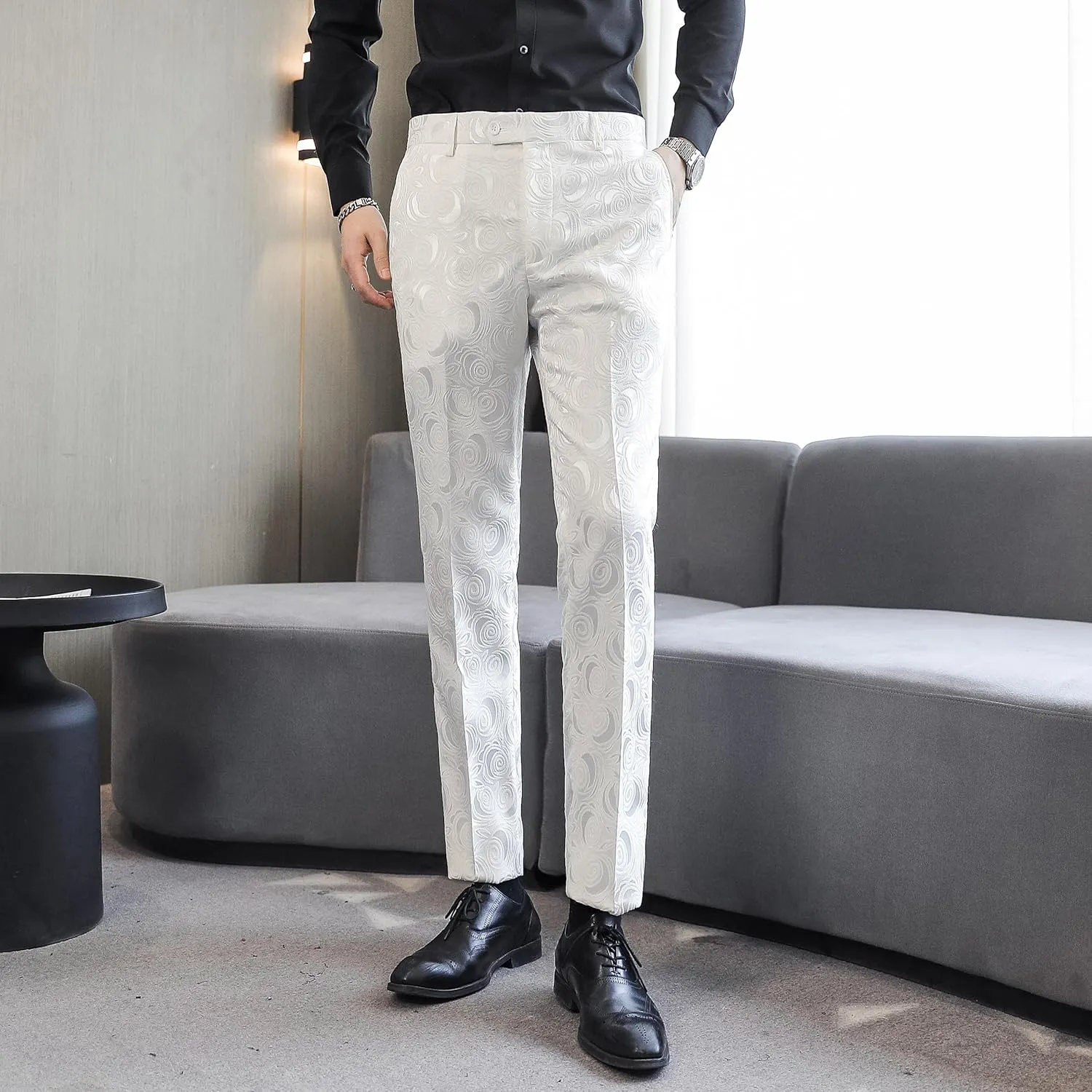 MOGU Men’s 3-Piece Slim Fit Suit Set Floral Tuxedo with Shawl Lapel One-Button Blazer Vest Elastic Waist Pants Party Outfit