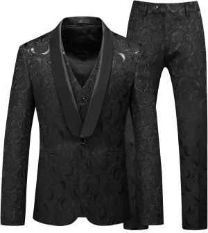 MOGU Men’s 3-Piece Slim Fit Suit Set Floral Tuxedo with Shawl Lapel One-Button Blazer Vest Elastic Waist Pants Party Outfit