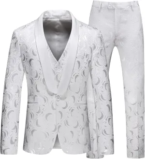 MOGU Men’s 3-Piece Slim Fit Suit Set Floral Tuxedo with Shawl Lapel One-Button Blazer Vest Elastic Waist Pants Party Outfit