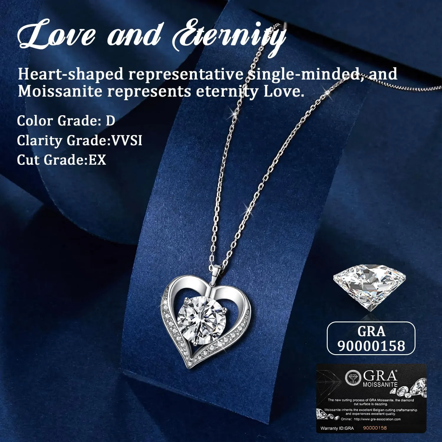 Moissanite Necklace Heart, Moissanite Diamond Necklace for Women Hypoallergenic 925 Silver Jewellery Anniversary Birthday Gifts for Women Girlfriend Wife