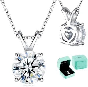 Moissanite Solitaire Necklace for Women, 1–3 Carat Lab Created Diamond Pendant, D Color VVS1,Heart Back, 18 2" Silver Chain, Gift for Wife, Girlfriend, Mom Yourself on Anniversary, Birthday, Wedding