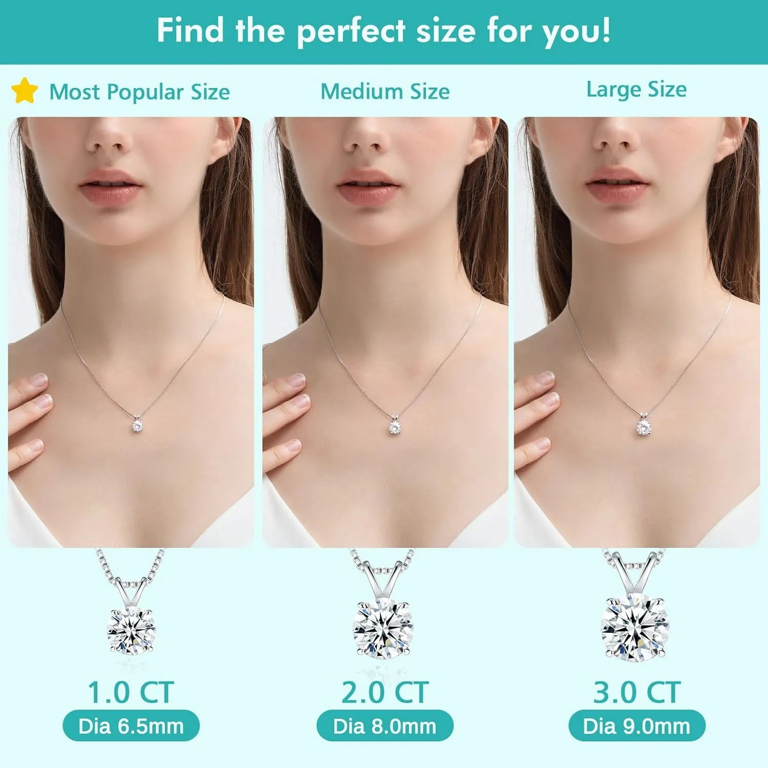 Moissanite Solitaire Necklace for Women, 1–3 Carat Lab Created Diamond Pendant, D Color VVS1,Heart Back, 18 2" Silver Chain, Gift for Wife, Girlfriend, Mom Yourself on Anniversary, Birthday, Wedding