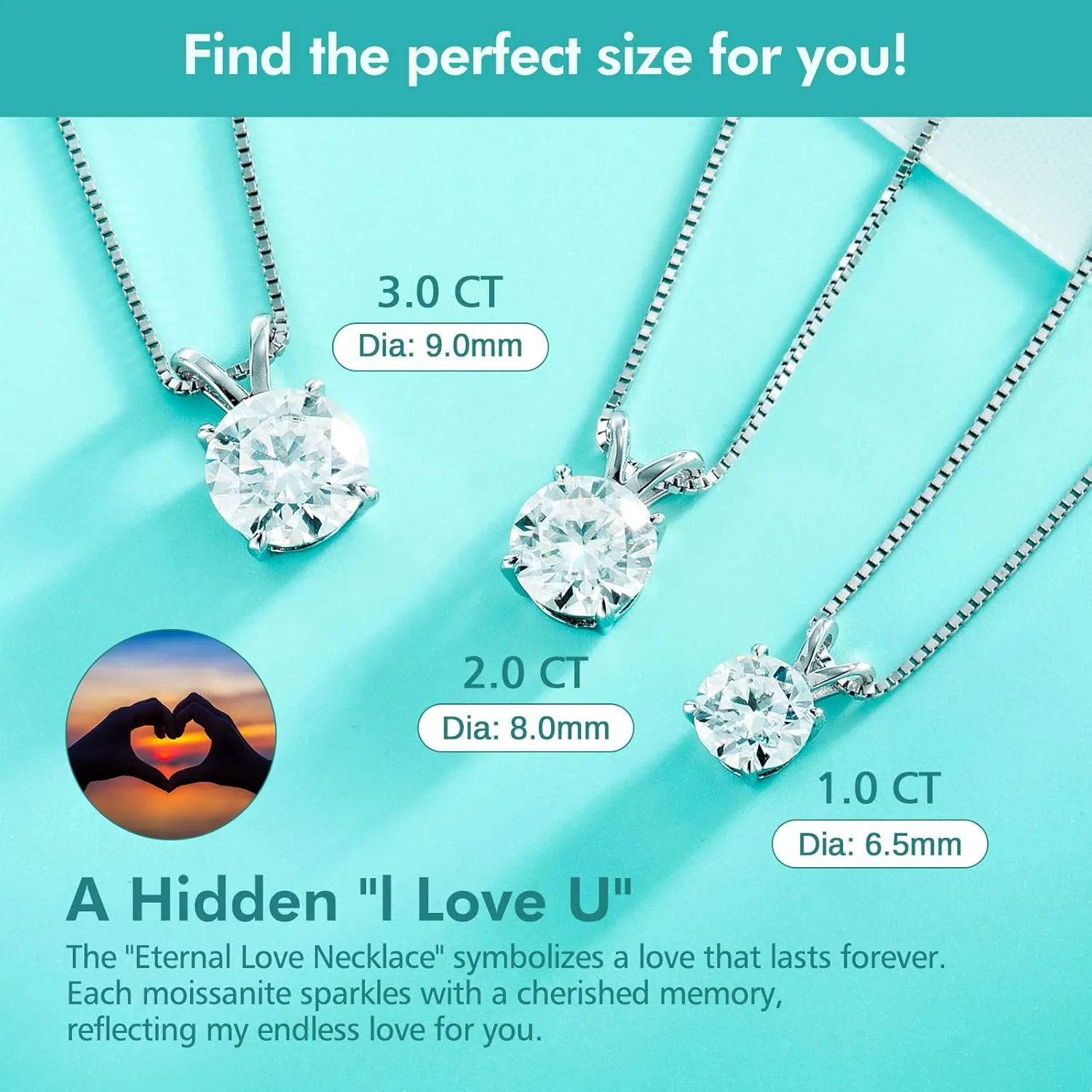 Moissanite Solitaire Necklace for Women, 1–3 Carat Lab Created Diamond Pendant, D Color VVS1,Heart Back, 18 2" Silver Chain, Gift for Wife, Girlfriend, Mom Yourself on Anniversary, Birthday, Wedding