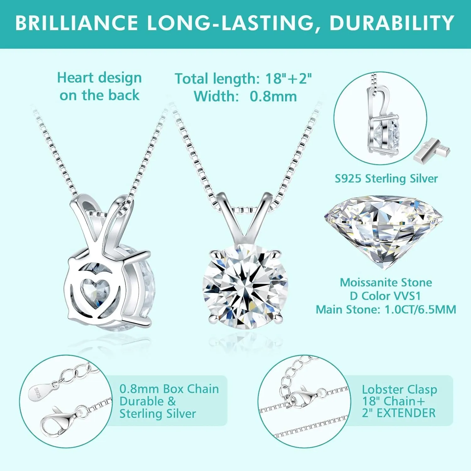 Moissanite Solitaire Necklace for Women, 1–3 Carat Lab Created Diamond Pendant, D Color VVS1,Heart Back, 18 2" Silver Chain, Gift for Wife, Girlfriend, Mom Yourself on Anniversary, Birthday, Wedding