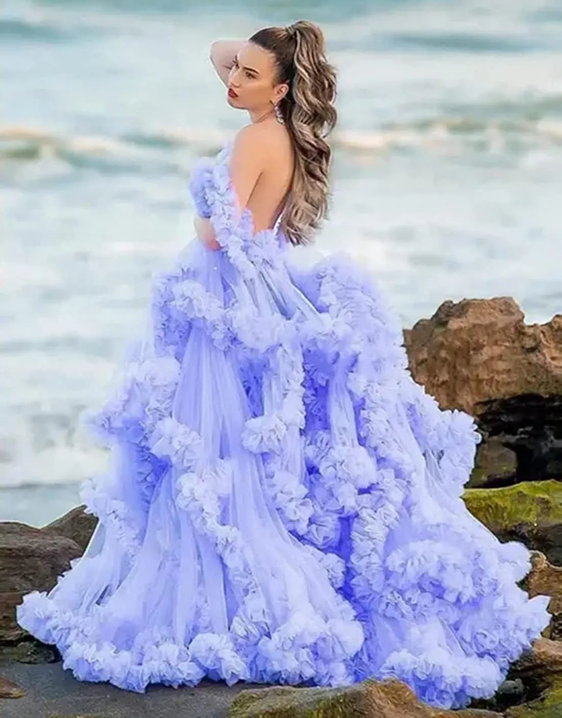 Molisa Tulle Maternity Dress for Photoshoot Puffy Ruffles Bridal Lingerie Bathgown Sheer Baby Shower Pregnancy Gowns
