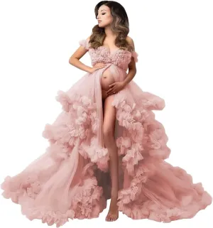 Molisa Tulle Maternity Dress for Photoshoot Puffy Ruffles Bridal Lingerie Bathgown Sheer Baby Shower Pregnancy Gowns