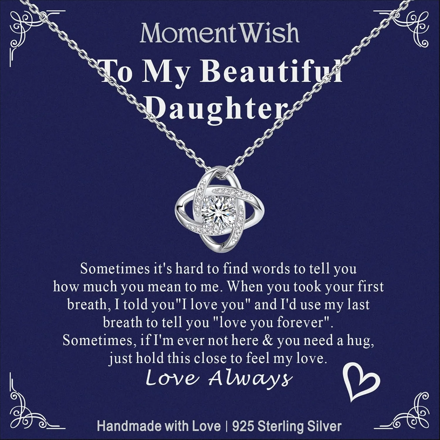 MomentWish Love Knot Necklace, Mother's Day Gift for Women, 1 Carat Simulated Moissanite Necklaces for Women 925 Sterling Silver Pendant for Wife Birthday Anniversary Christmas Gifts