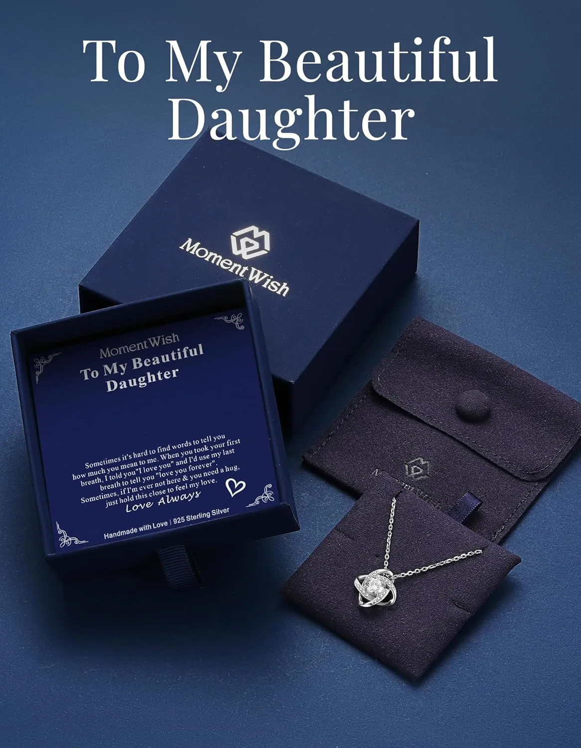 MomentWish Love Knot Necklace, Mother's Day Gift for Women, 1 Carat Simulated Moissanite Necklaces for Women 925 Sterling Silver Pendant for Wife Birthday Anniversary Christmas Gifts