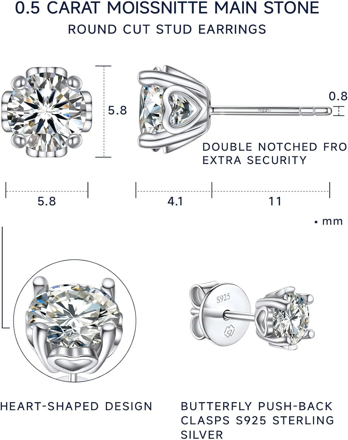 MomentWish Moissanite Earrings, Birthday Gifts for Her, Simulated Diamond Stud Earrings for Women, 925 Sterling Silver Studs Jewelry Gift for Anniversary Christmas